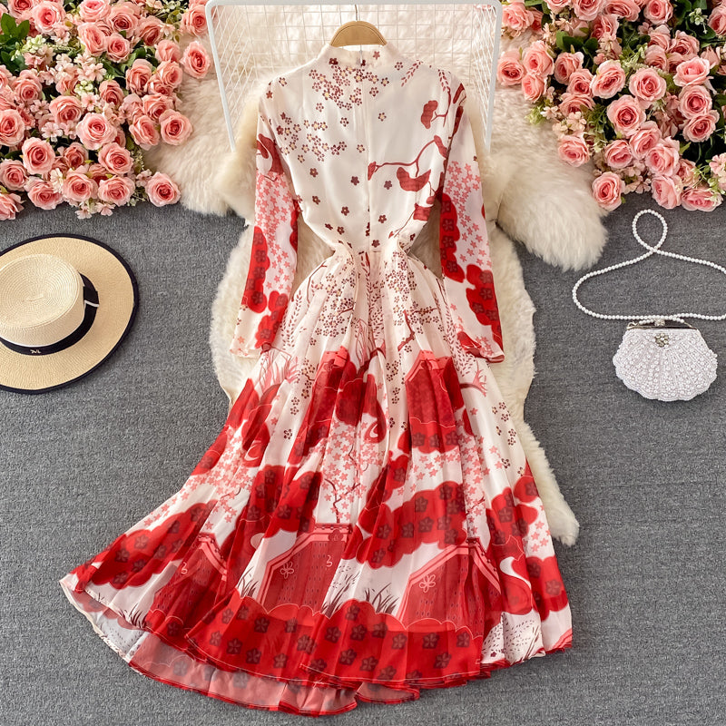 Temperament loose bow tie lace print dress 3351