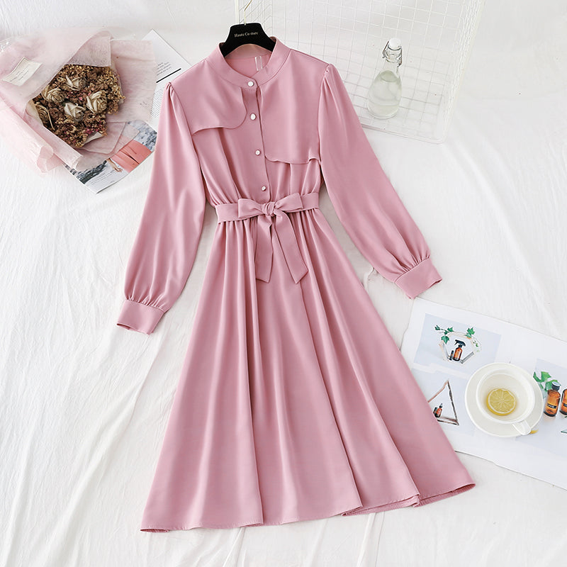 French knee length dress design sense of minority lace up solid color thin skirt 2150