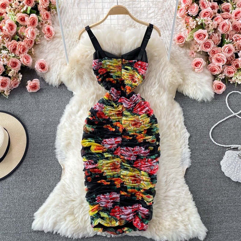 Suspender dress elastic slim mesh printed strapless and buttocks 2821
