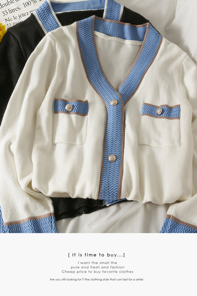 Cardigan à trois boutons cousu Han Fan, pull à manches longues pour femme 1820