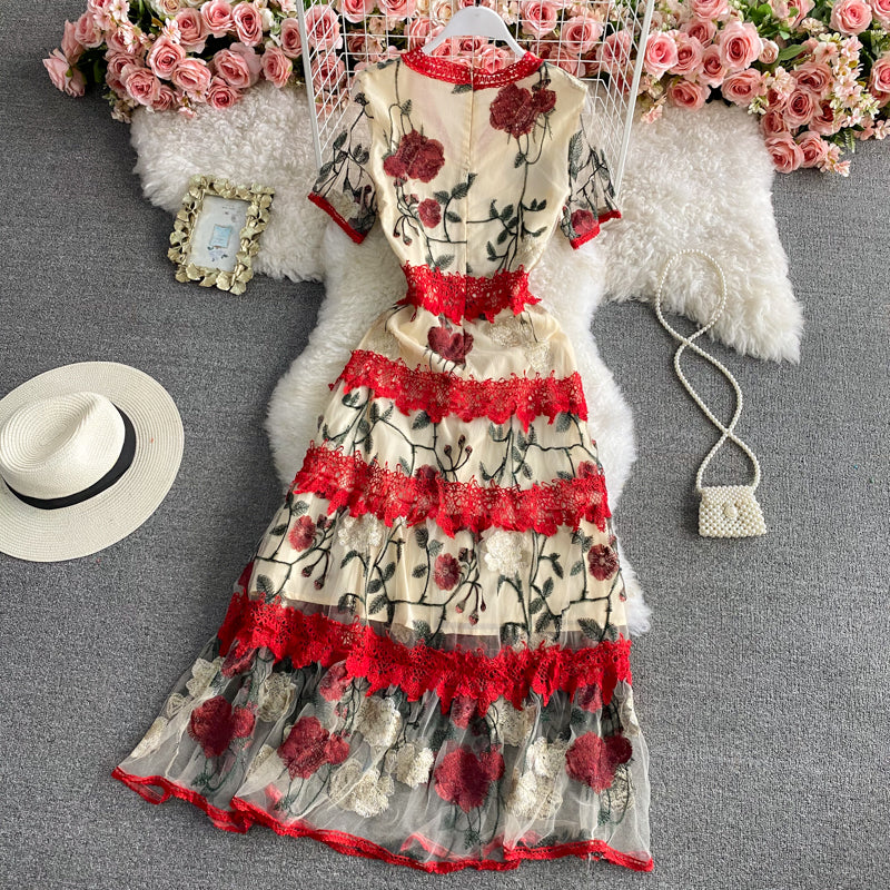 Design sense mesh embroidery waist closing large swing skirt 3300