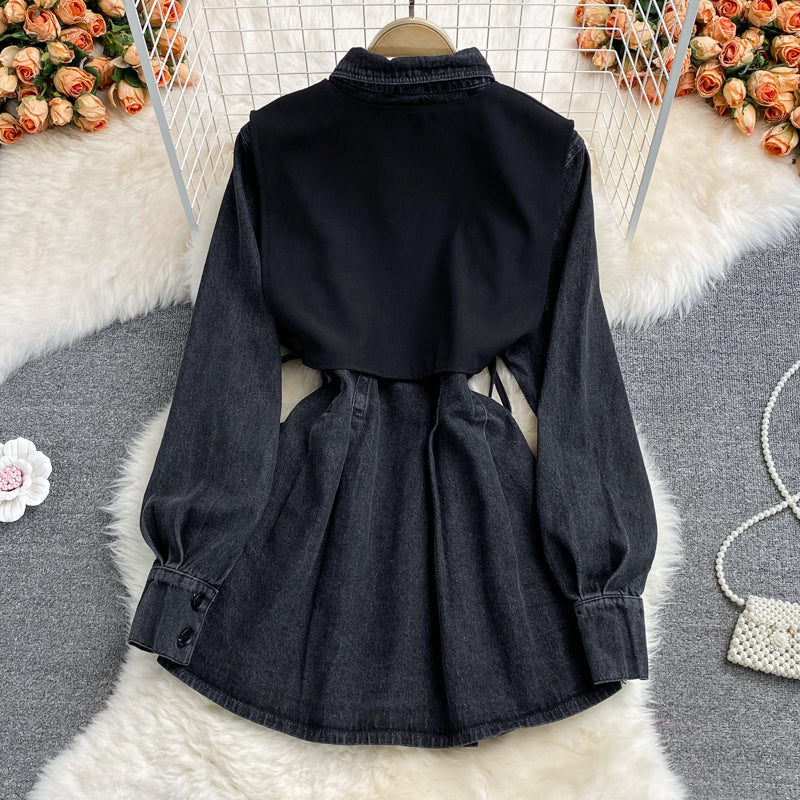 Slim waist, fake two waistcoats, lapel denim dress 3116