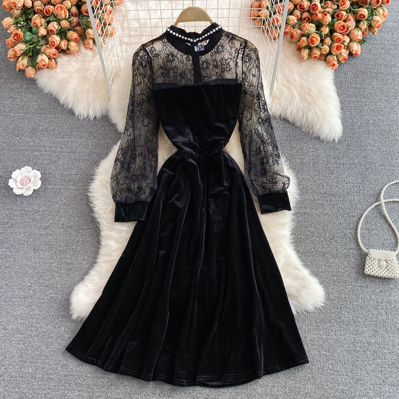Slim waist, super fairy Hepburn style, large swing long skirt 3095