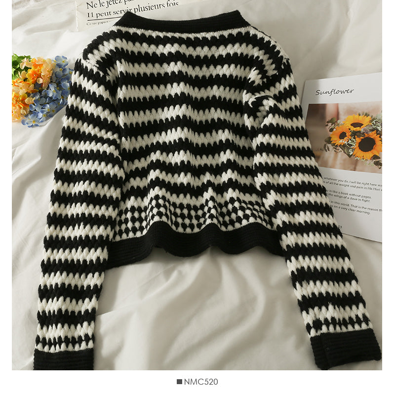New color contrast stripe single breasted cardigan women's sweater 2046