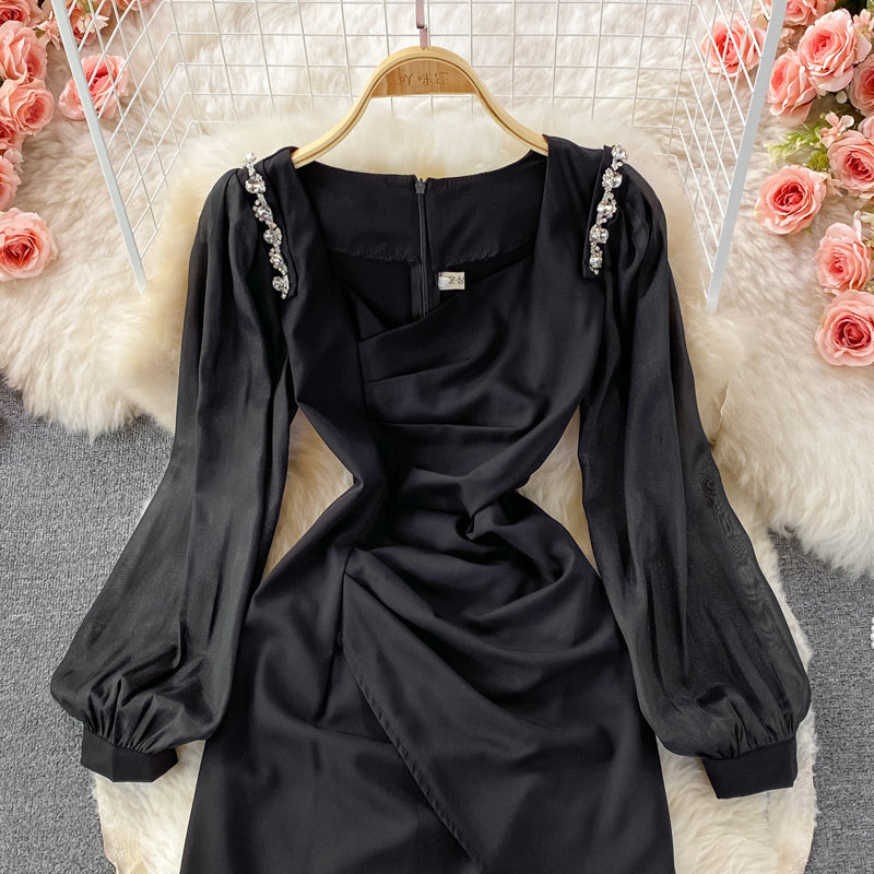 Korean French retro bubble sleeve temperament square neck dress 2844