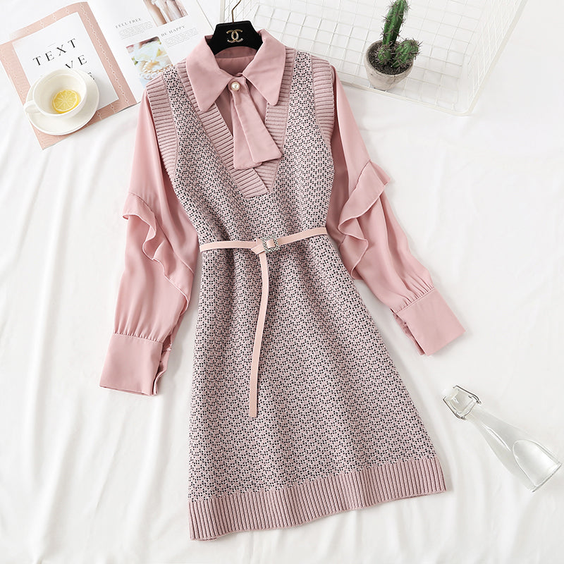 Knitted dress female autumn winter shirt vest skirt sweater skirt net red suit skirt 2351