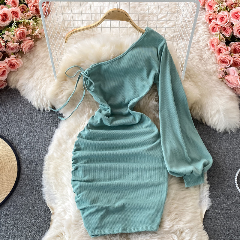 Sexy diagonal neck off shoulder one-sided dress 2738