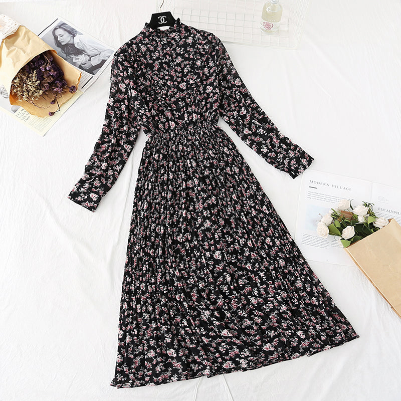 Chiffon dress women's new French Vintage Floral pleated skirt 2160