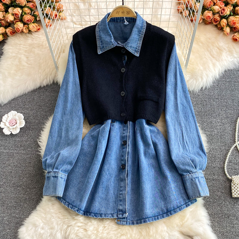 High waist slim long sleeve Lapel denim dress 3378