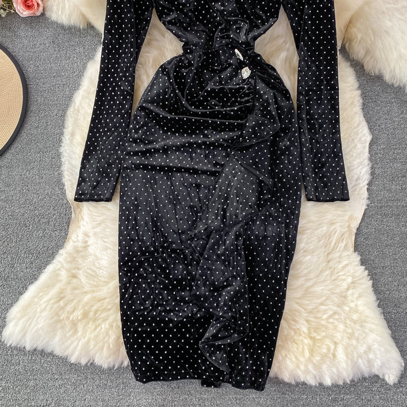 Temperament hot diamond velvet dress V-neck Ruffle tight Hip Wrap 3090