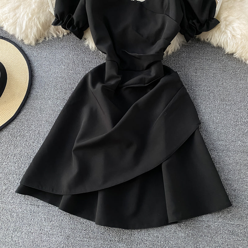 Retro French waist closing slim bubble sleeve backless skirt 2958