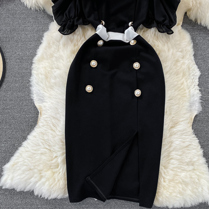 Schulterfreies zweireihiges Kleid Split Hüftwickelkleid 2984