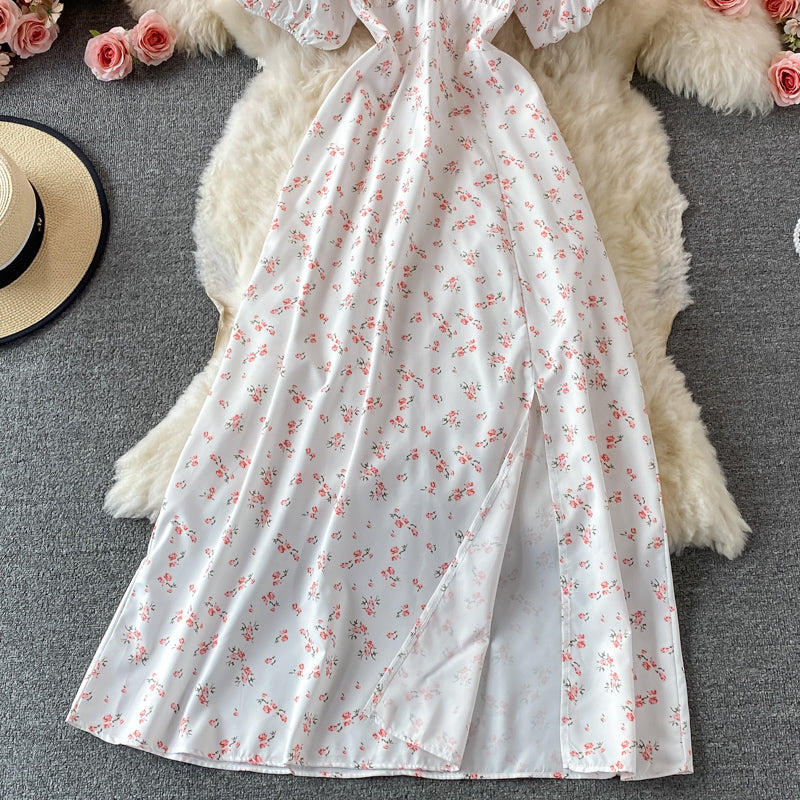 Slim waist with broken flower hanging neck square neck dress 3216