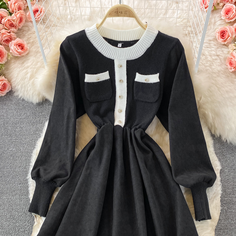Korean high waist round neck knit stitched dress 3369