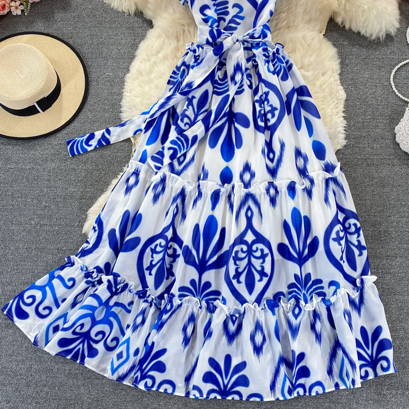 Blue and white porcelain printed Ruffle sleeveless Crew Neck Dress 2981