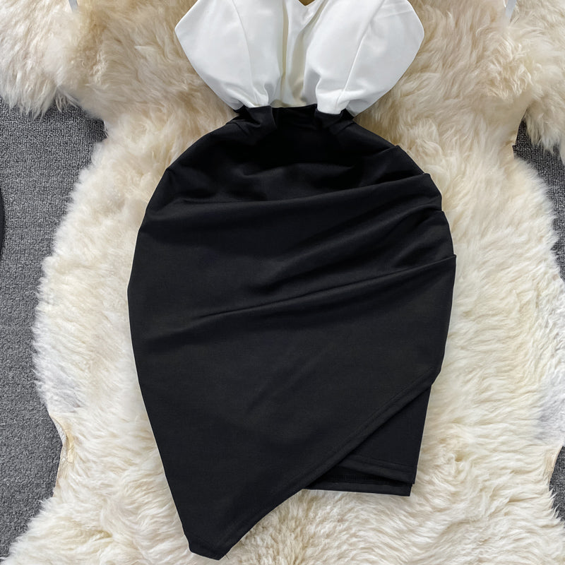 Contrast color tight Hip Wrap Skirt single shoulder suspender skirt 2820