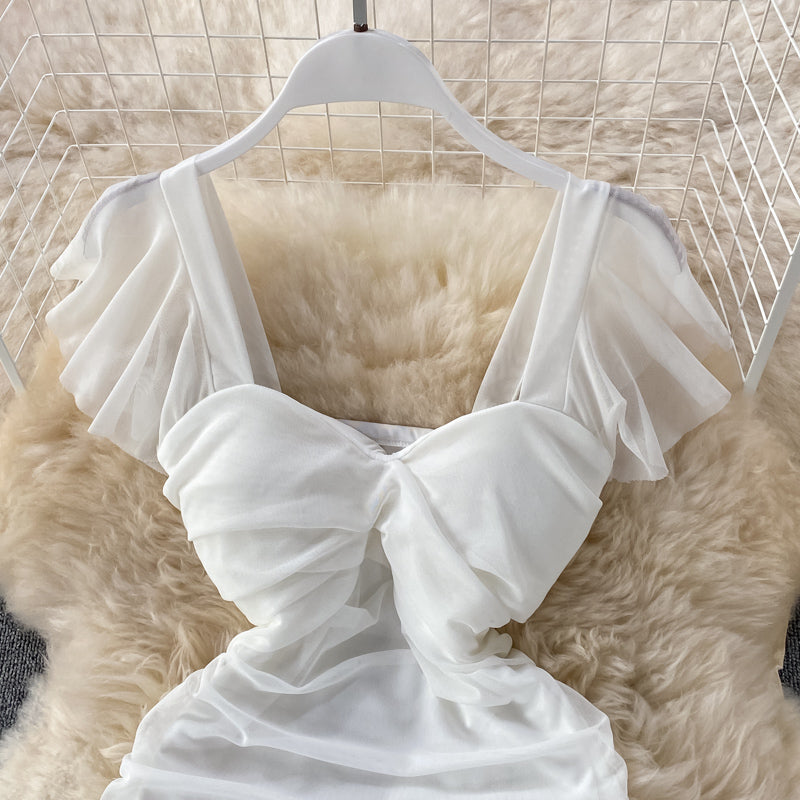 French sexy high waist thin pleated square neck wrap hip dress 2715