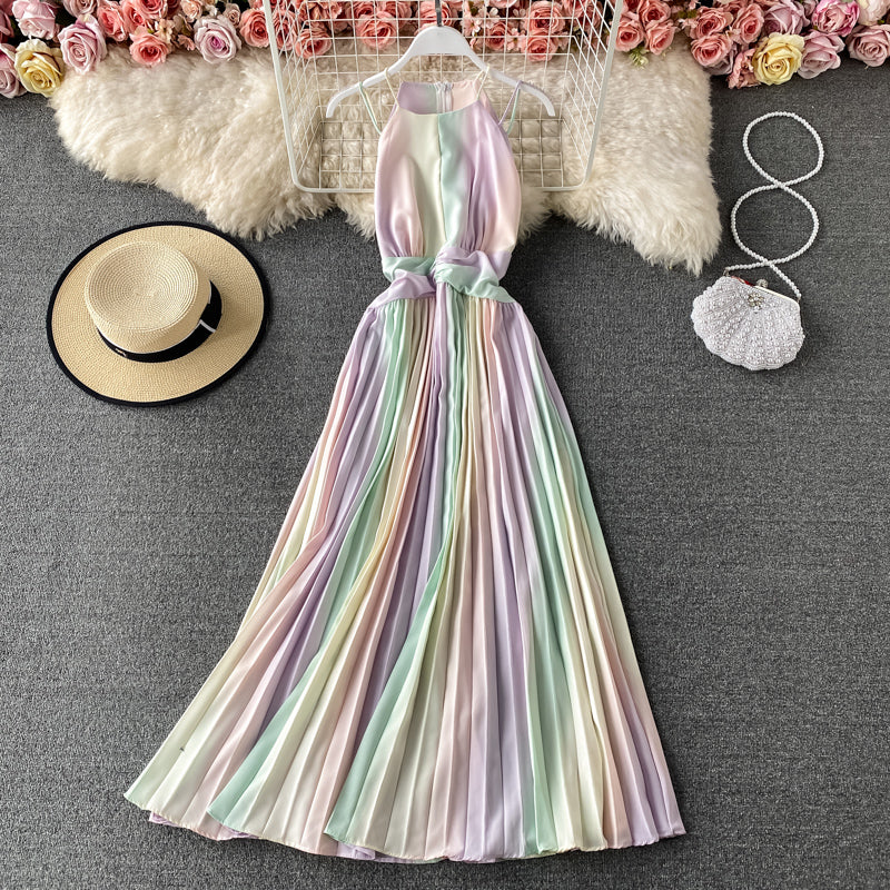 New sleeveless gradient rainbow neck suspender Pleated Dress 2728