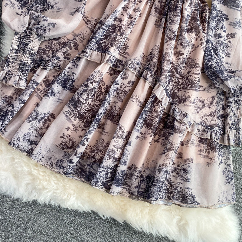 Retro ink painting square neck dress 3000