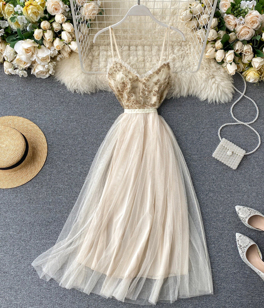 Fashion dress A line v neck tulle sequins dress summer dress 1242