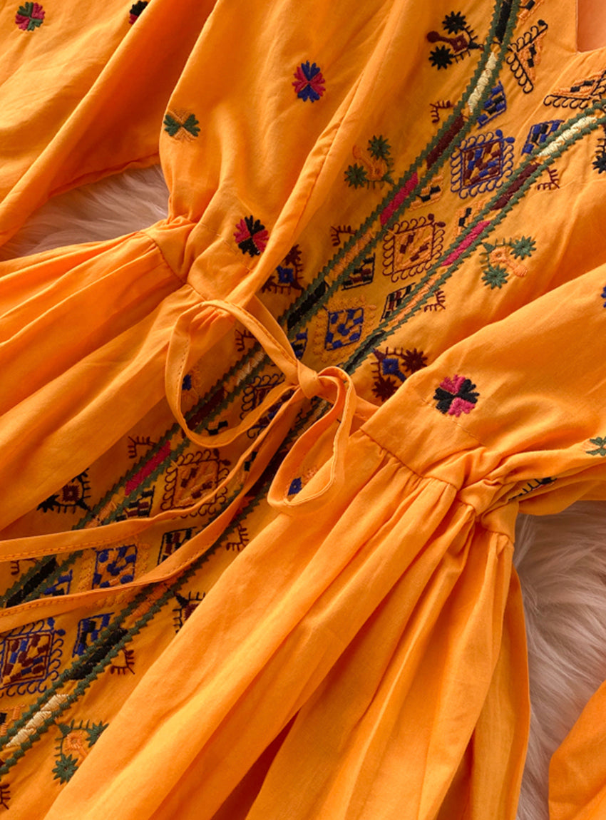 A line v neck embroidery long sleeve dress 1179