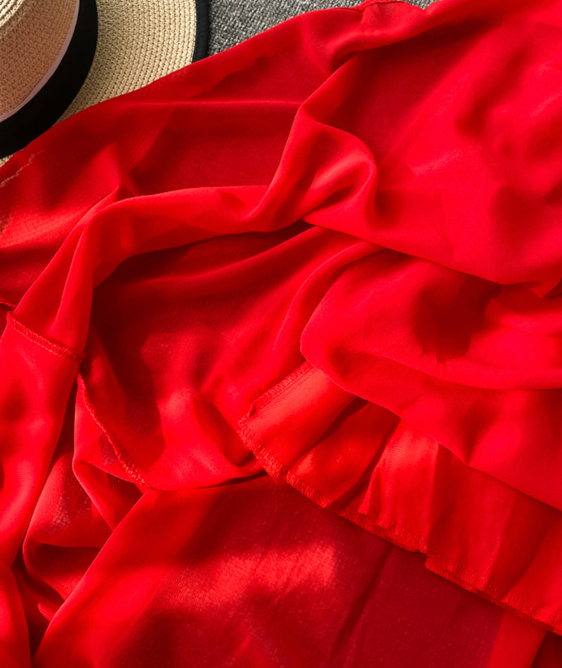 Rotes Chiffonkleid mit kurzen Ärmeln und V-Ausschnitt 1065