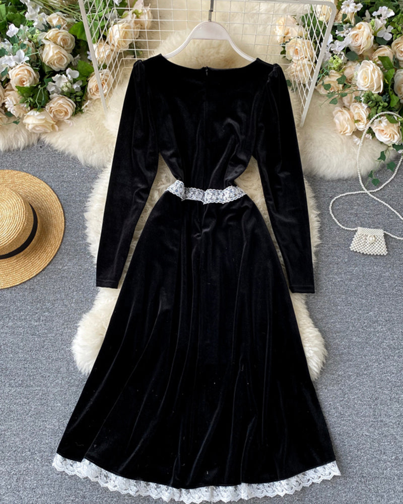 Black velvet long sleeve dress lace dress 1013