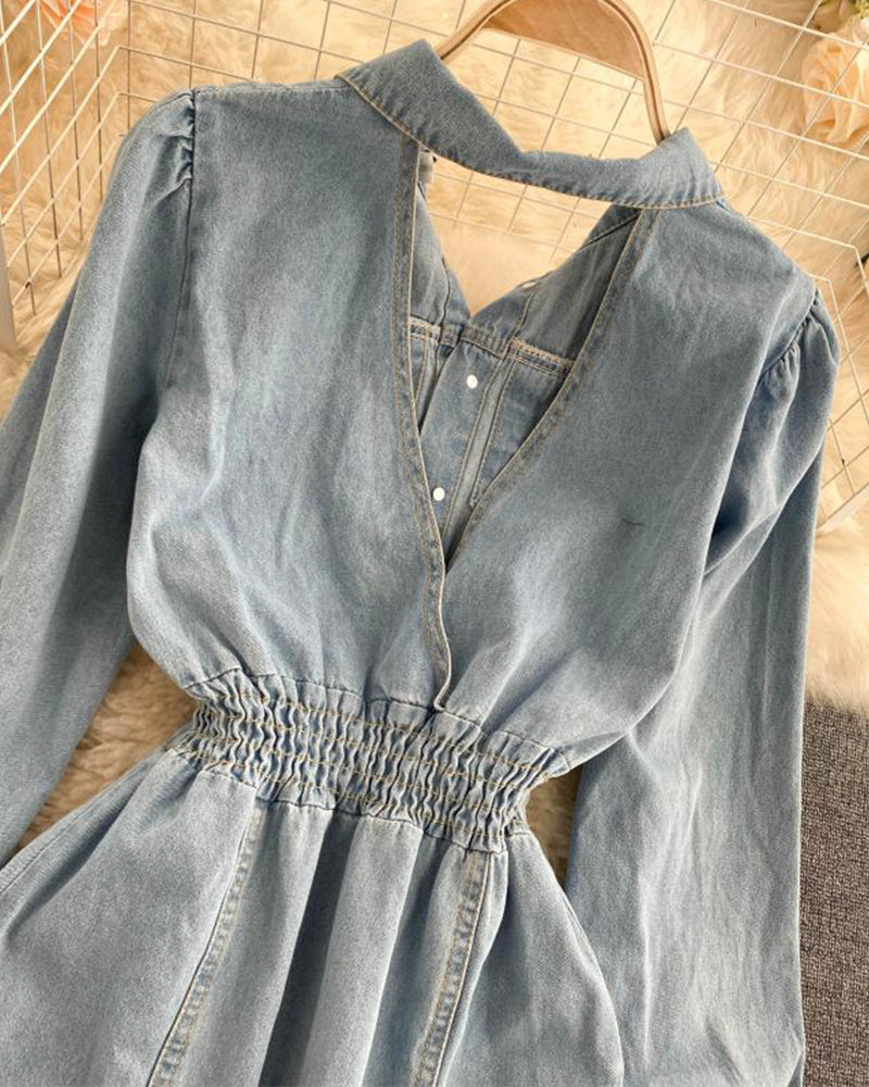 Stylish denim backless dress long sleeve dress 1019