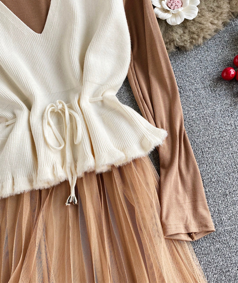 Cute v neck knitted vest+ long sleeve dress two pieces sets 999