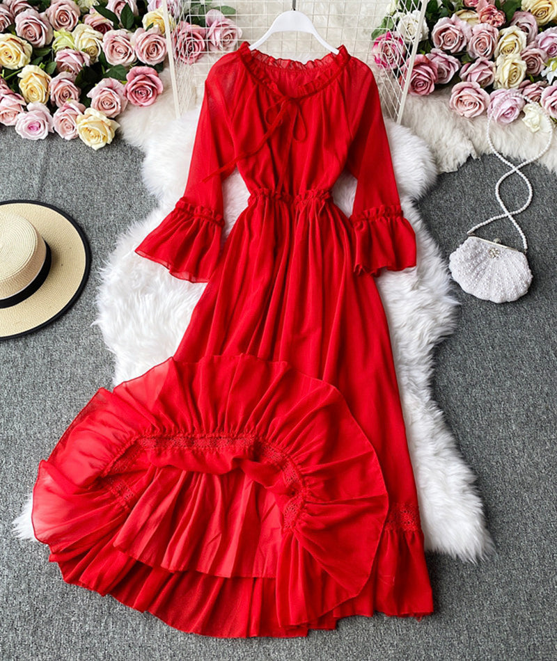 Rotes A-Linie Chiffonkleid Mode Mädchenkleid 1005