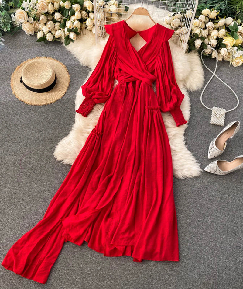 Rotes A-Linien-Kleid mit V-Ausschnitt und offenem Rücken, langärmliges Kleid 942