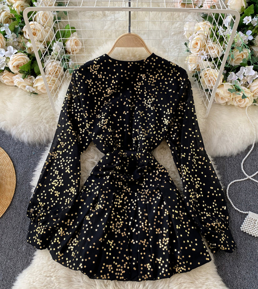 Stylish v neck short dress with stars 945