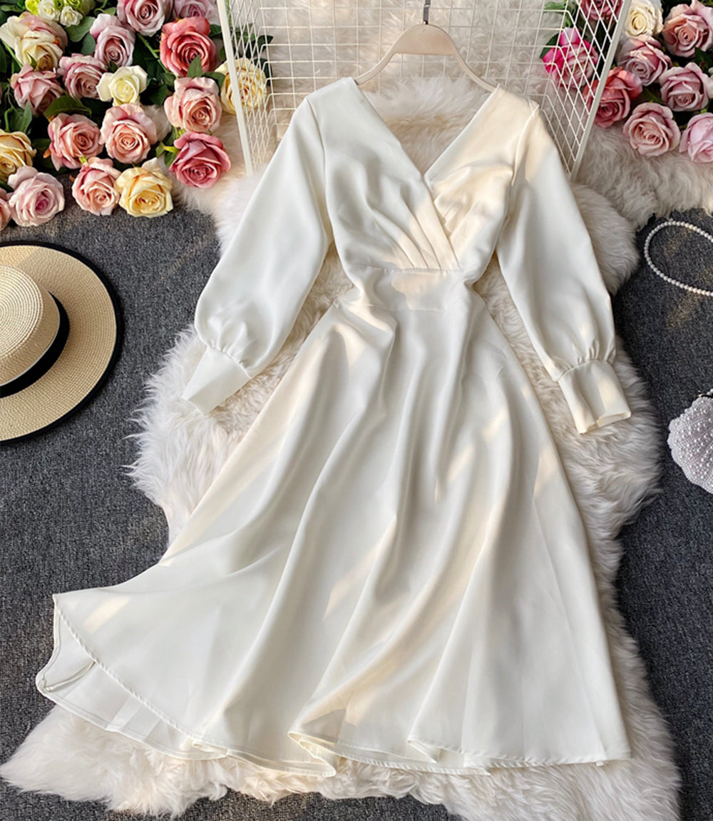 Simple A line v neck dress long sleeve dress 916