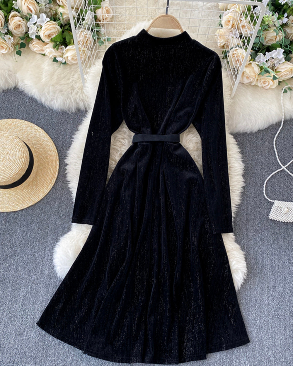 Elegantes A-Linie Samtkleid Langarmkleid 923