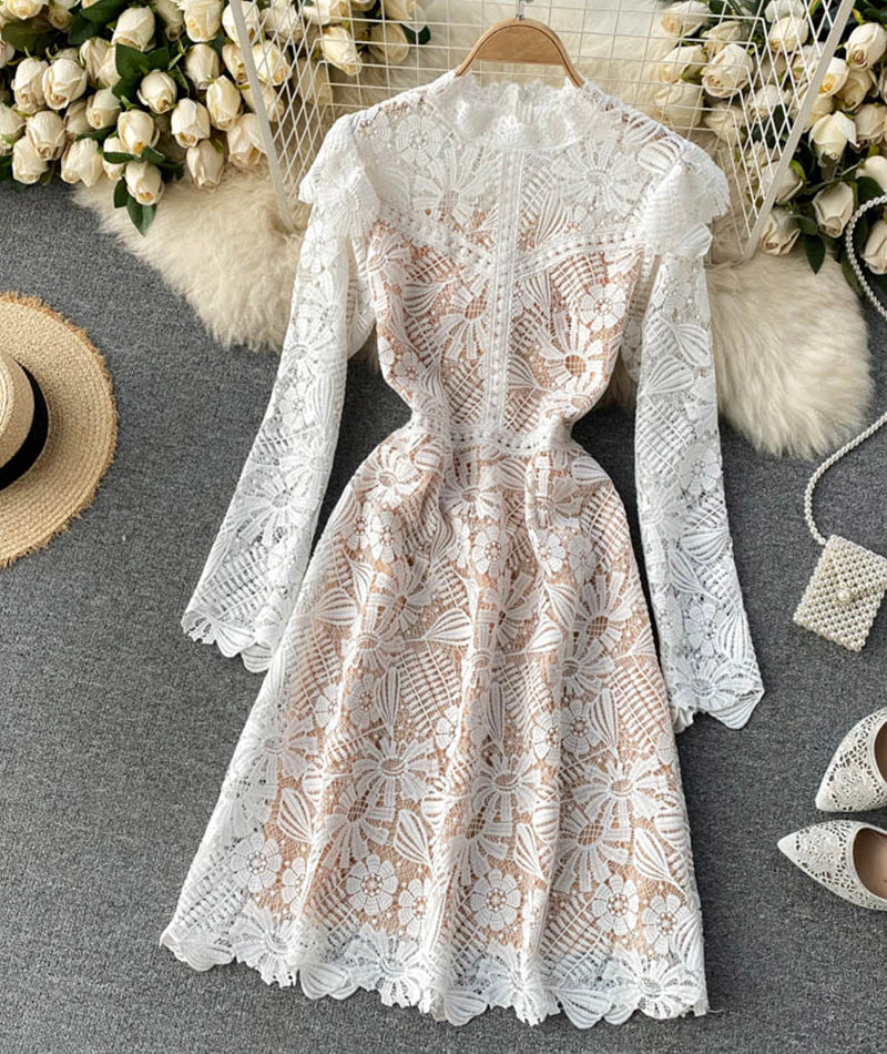 A line cutout lace dress long sleeve dress 920