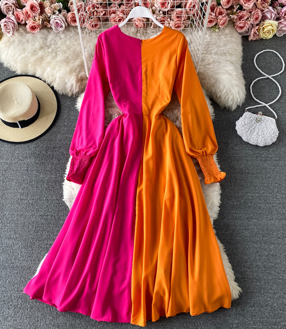 Einzigartiges langärmliges Kleid mit Farbblockierung 869