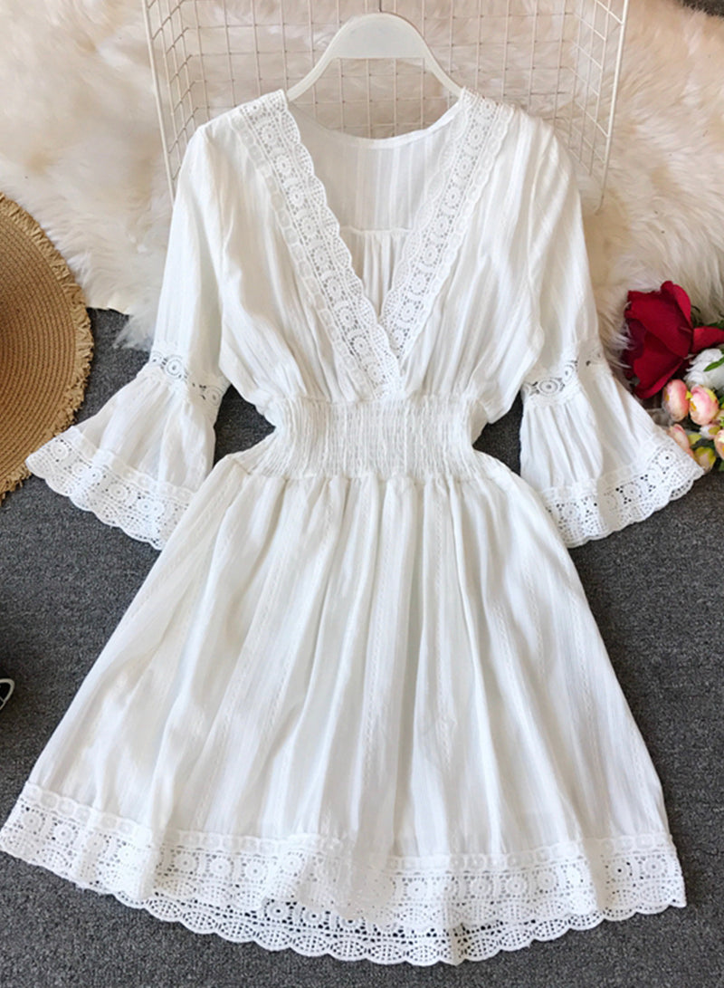 A line white hollow lace dress summer dress 1206
