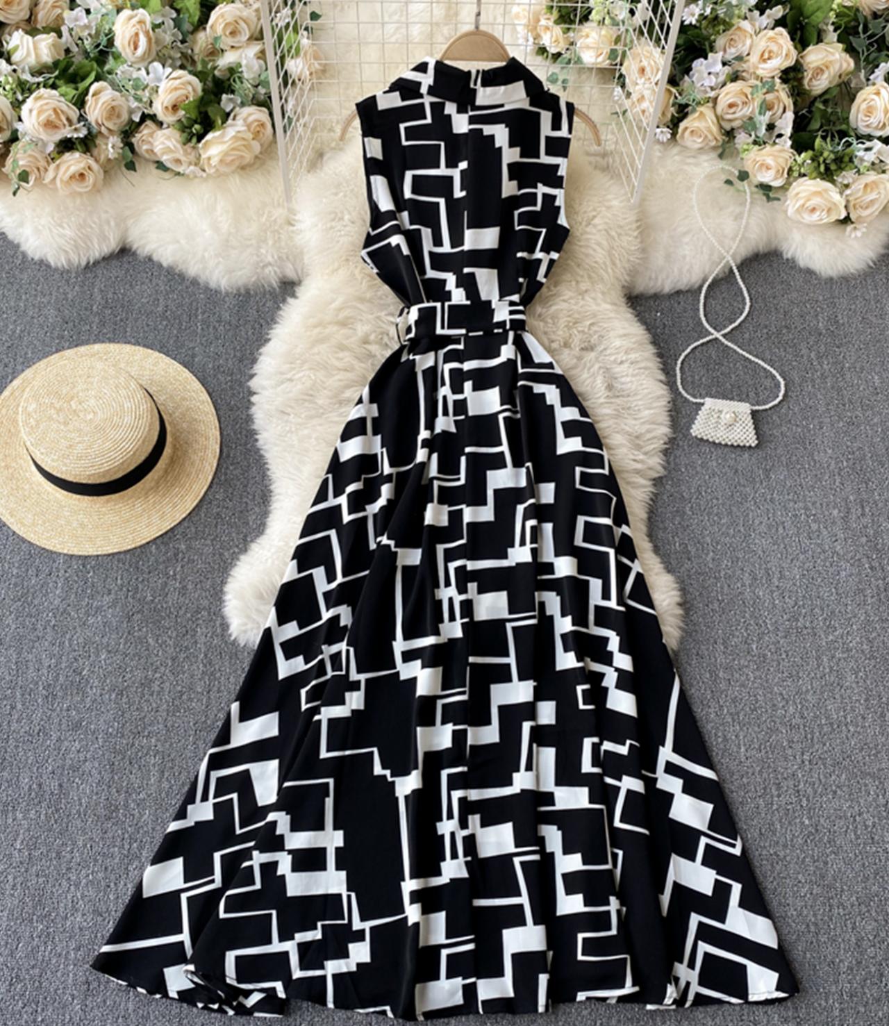 Stylish A line black geometric dress 792