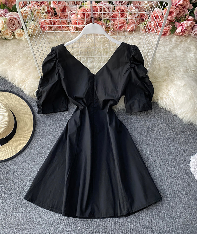 Simple A line short dress black v neck dress 933
