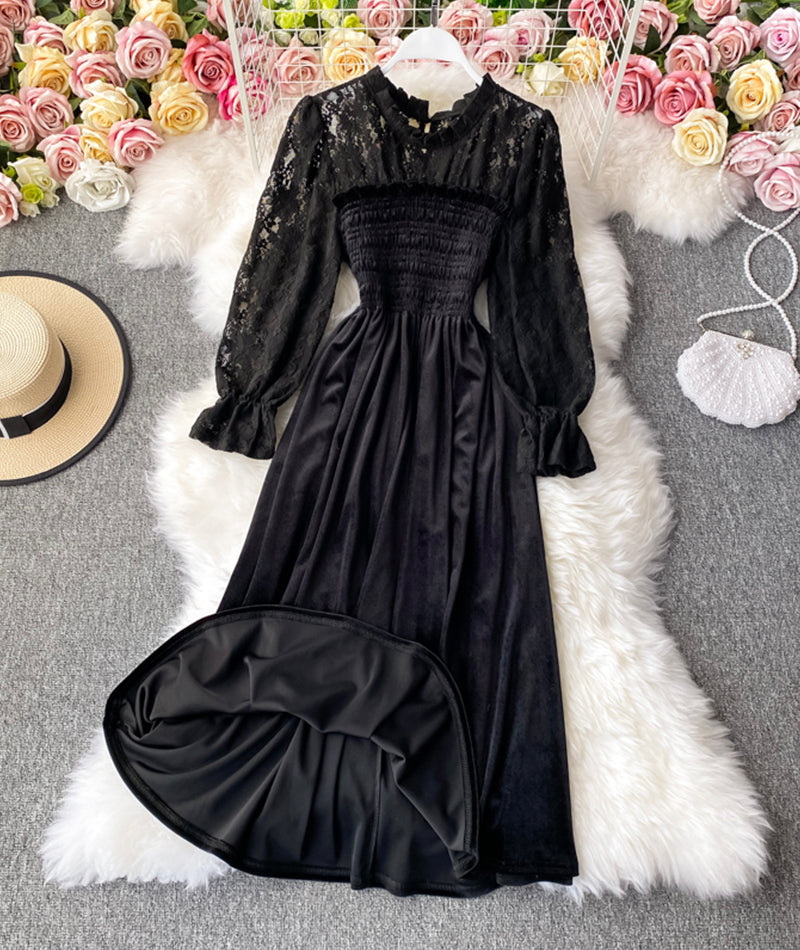 Elegantes schwarzes Samt-Spitzenkleid Langarmkleid 986