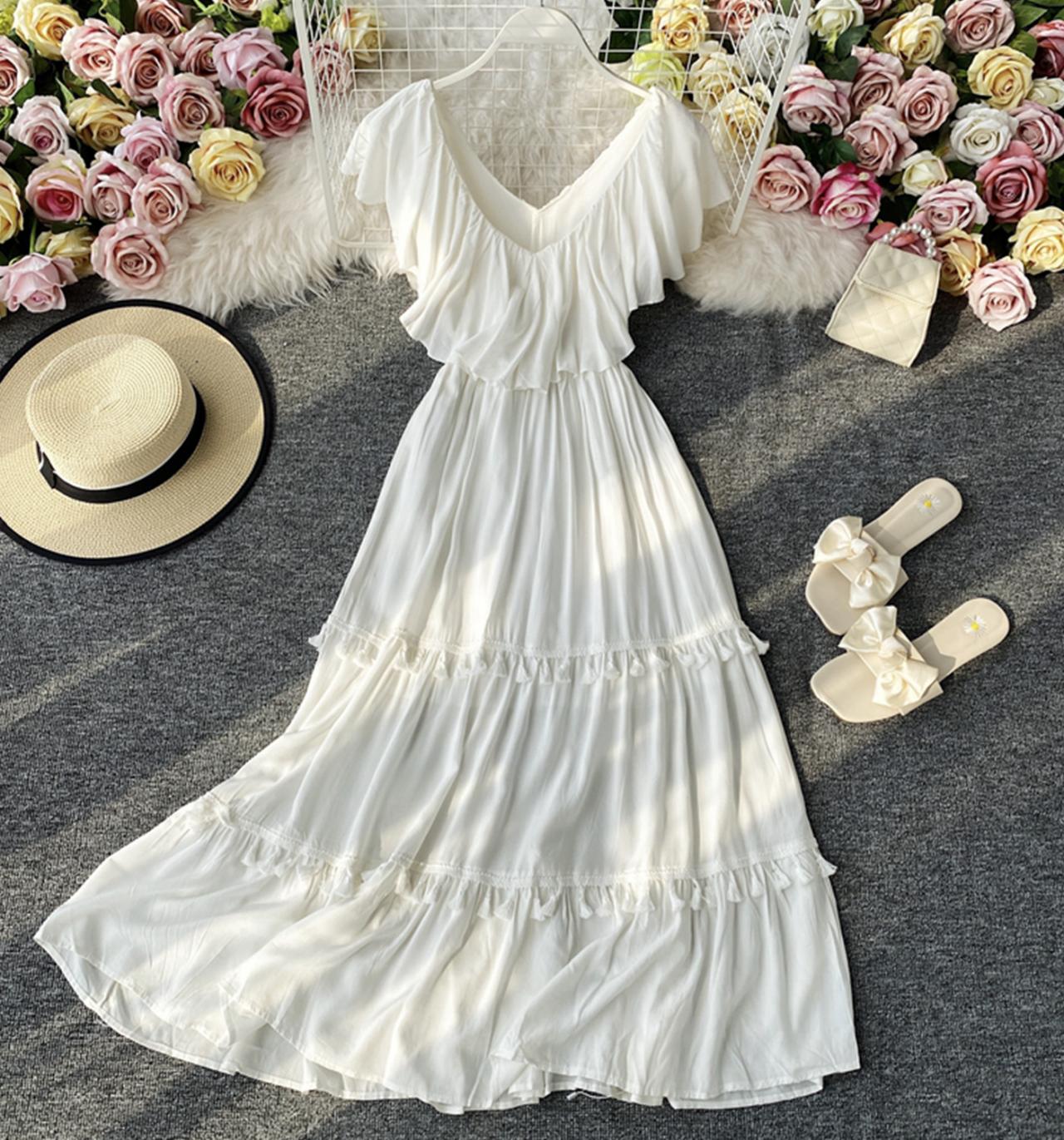 White v neck fringed dress A line fashion dress 743