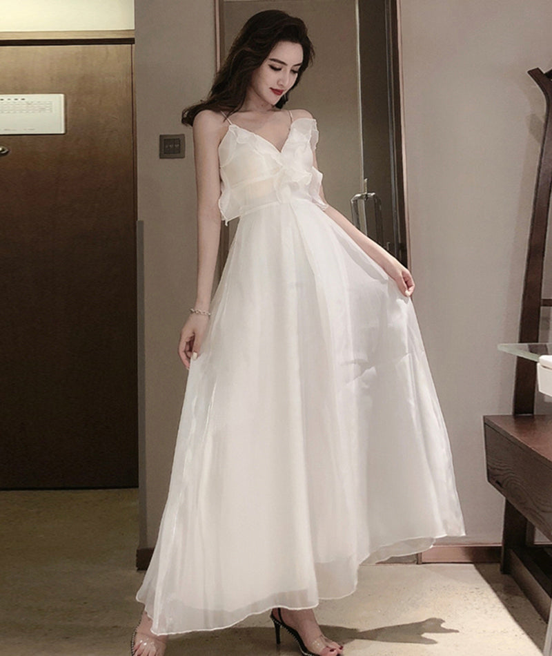 White A line v neck tulle dress fashion dress 1084