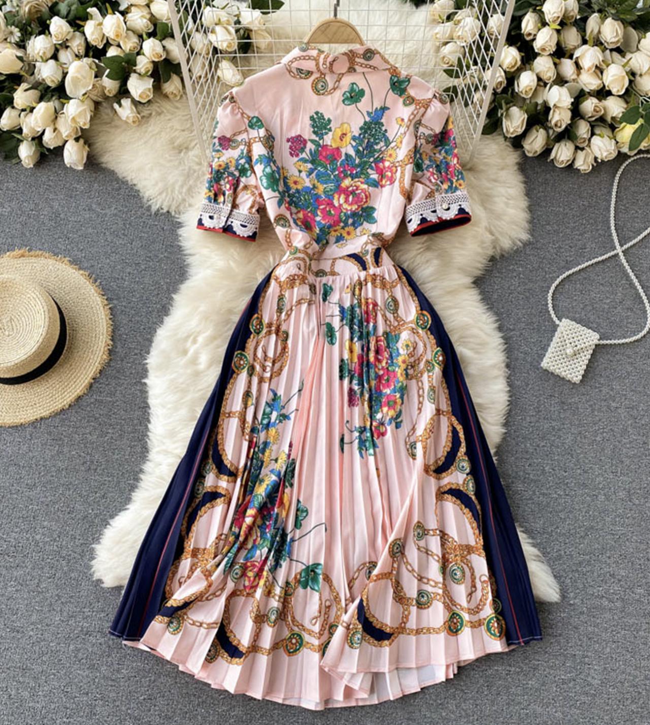 Pink A line floral pattern dress long sleeve dress 795