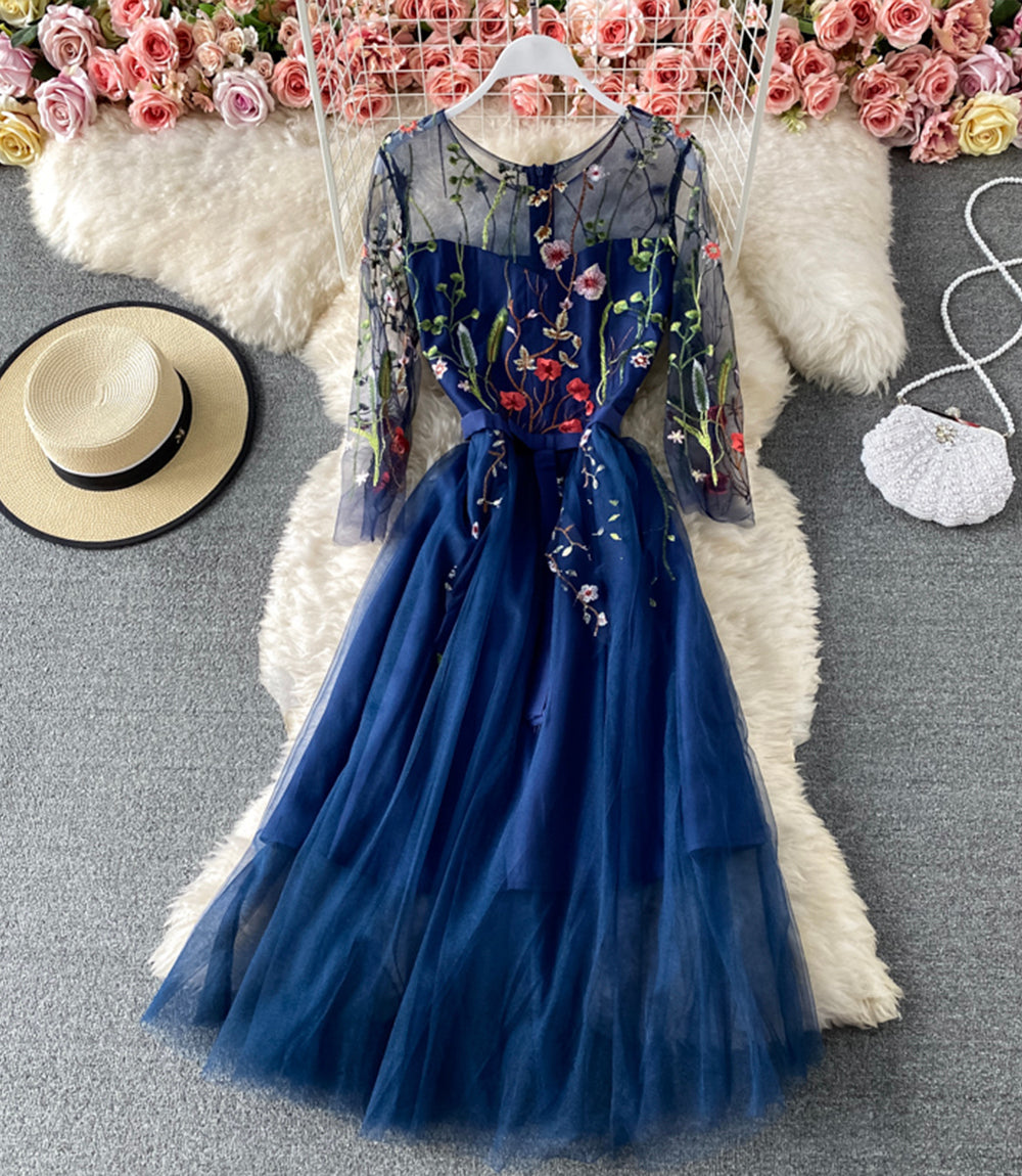 Blue A line tulle dress blue embroidery dress 852