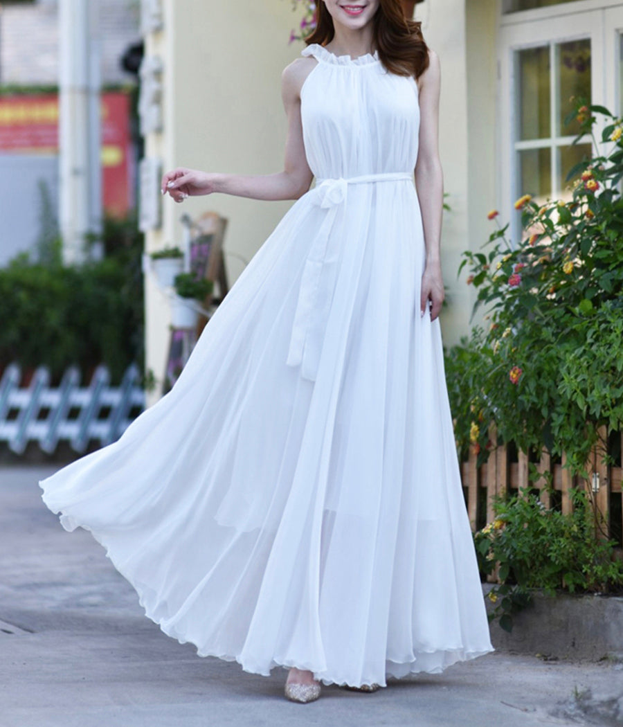 White chiffon long dress women's dress 1189