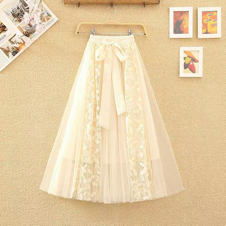 Fairy swing skirt, new style, bow, lace stitching, mesh high waist skirt, shaggy long gauze skirt 3520
