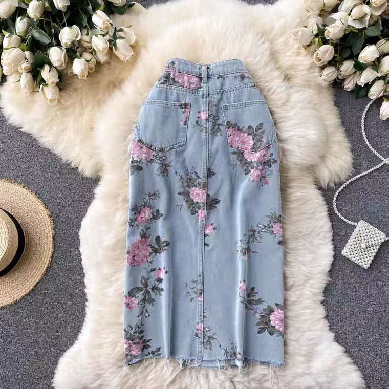 Denim skirt, new style, high-waisted A-line skirt, floral slit skirt 3521