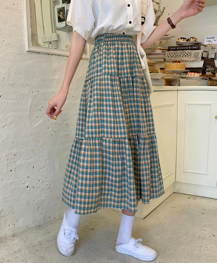 Green plaid skirt A line skirt 3494
