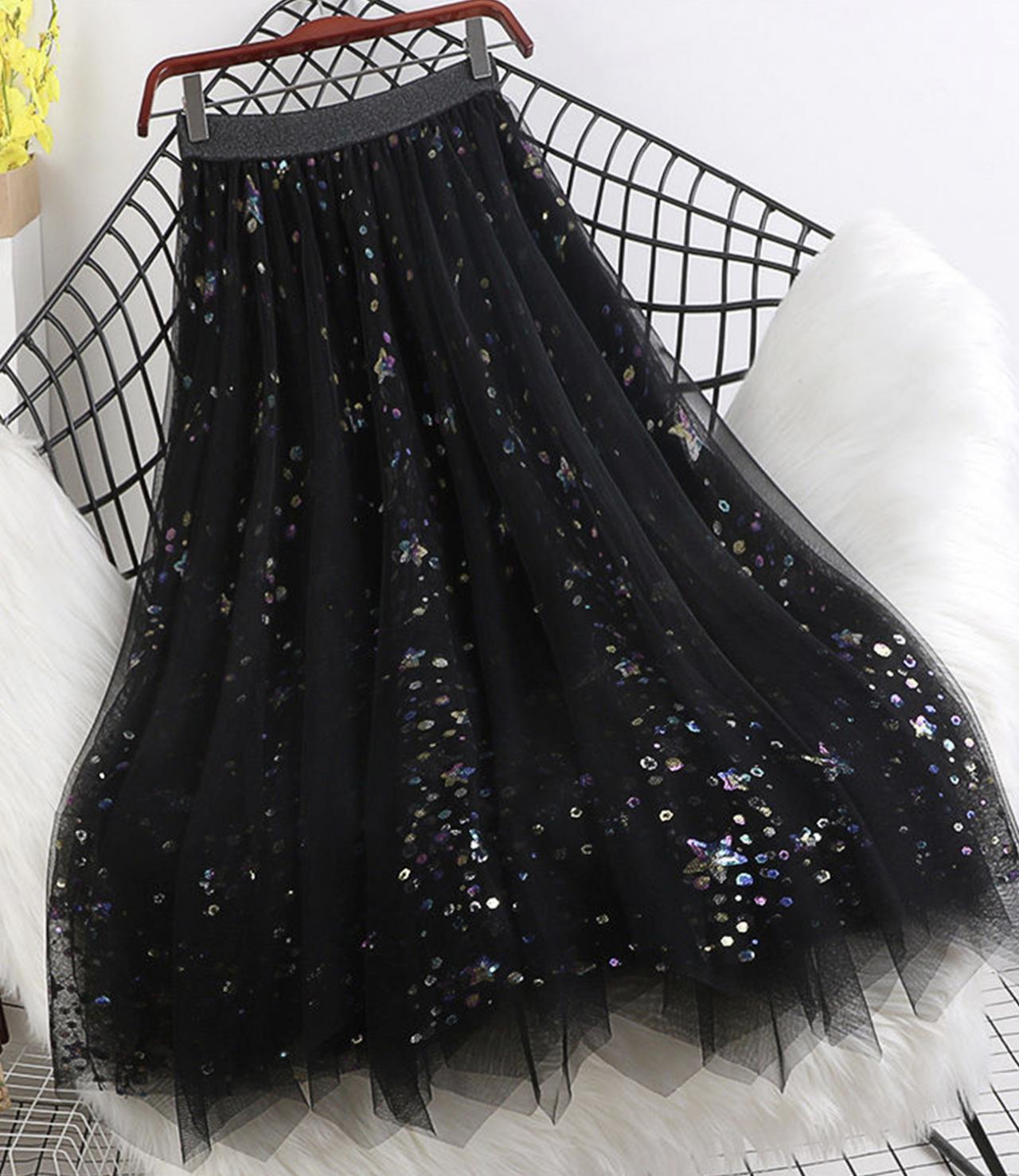 Cute A line tulle sequins skirt 3454