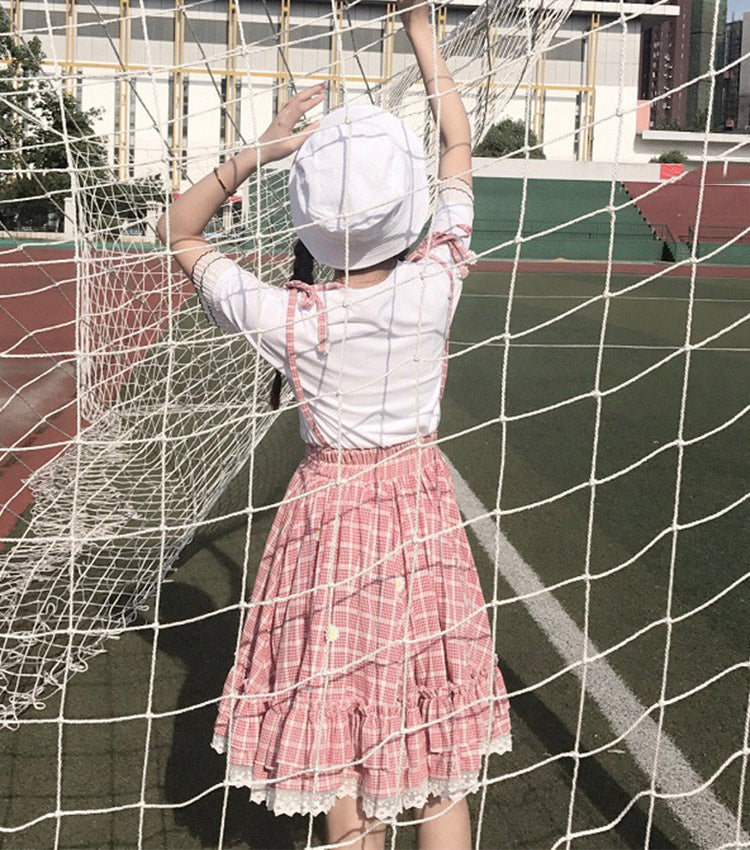 Sweet plaid suspender skirt plaid skirt 3491